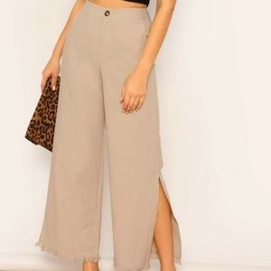 High waist raw hem side slit flare leg pants